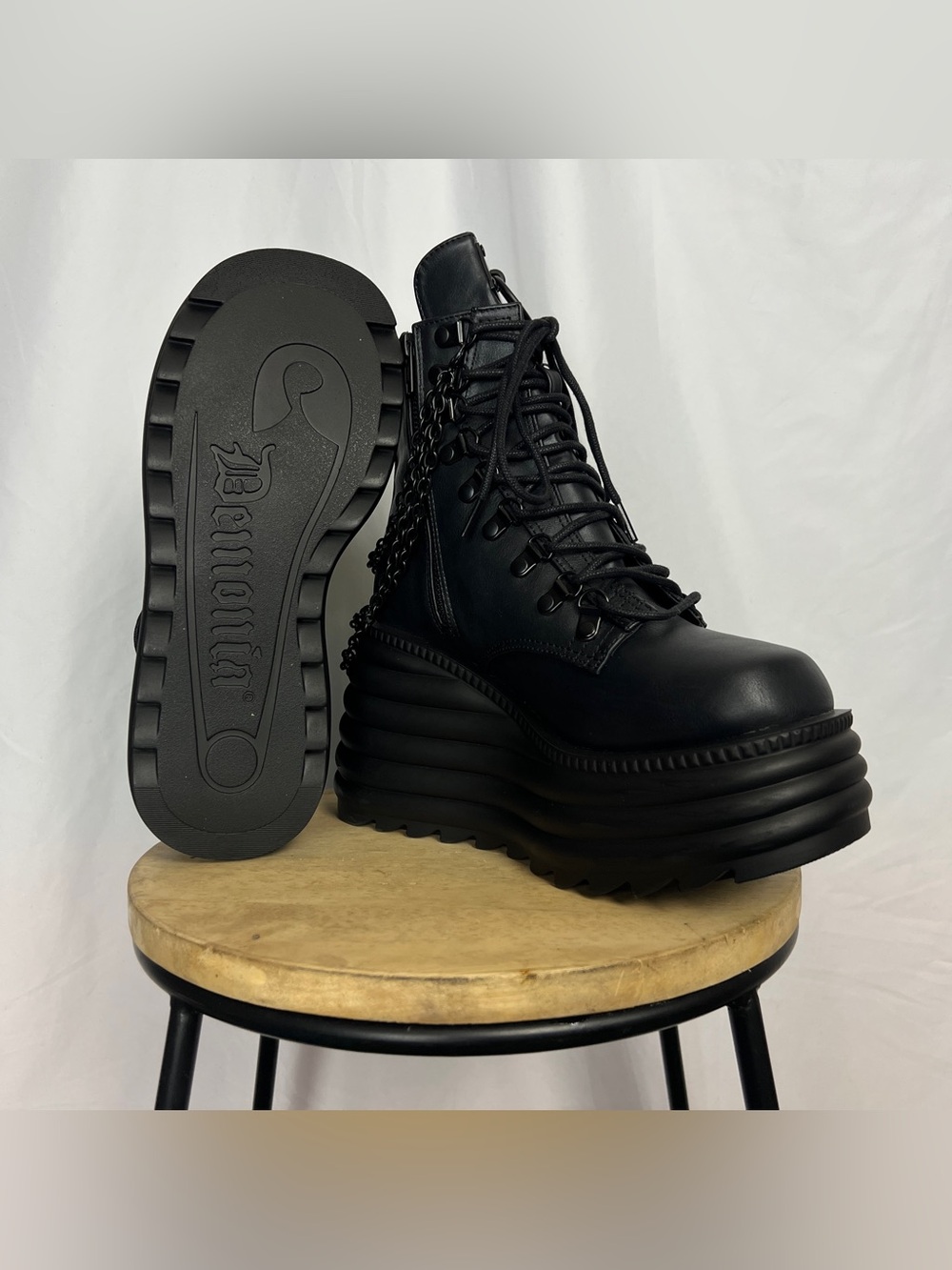 Black Demonia Morte-65 Skeleton Chained Wedge Platform Boots - Picture 6 of 8